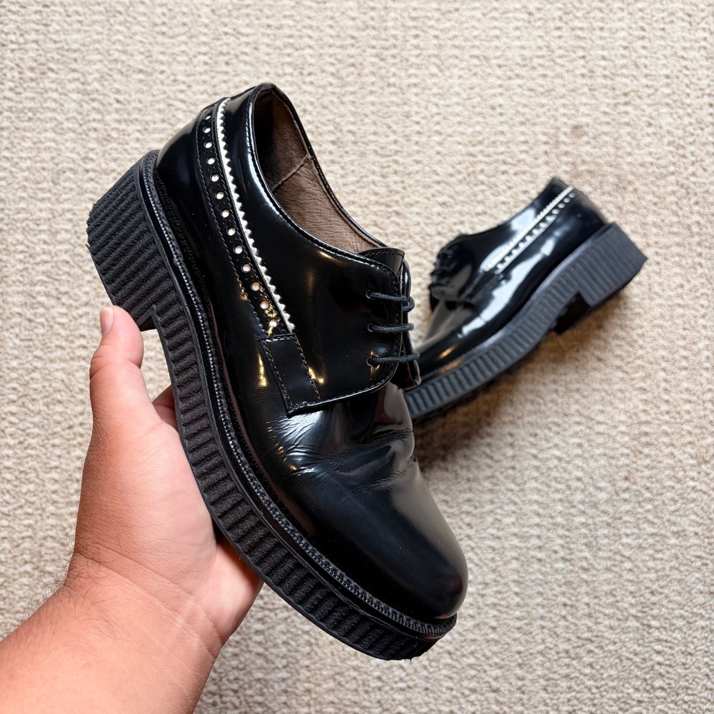 Handmade in Italy Black Patent Leather Platform Oxford Creeper Shoes Womens 9 39